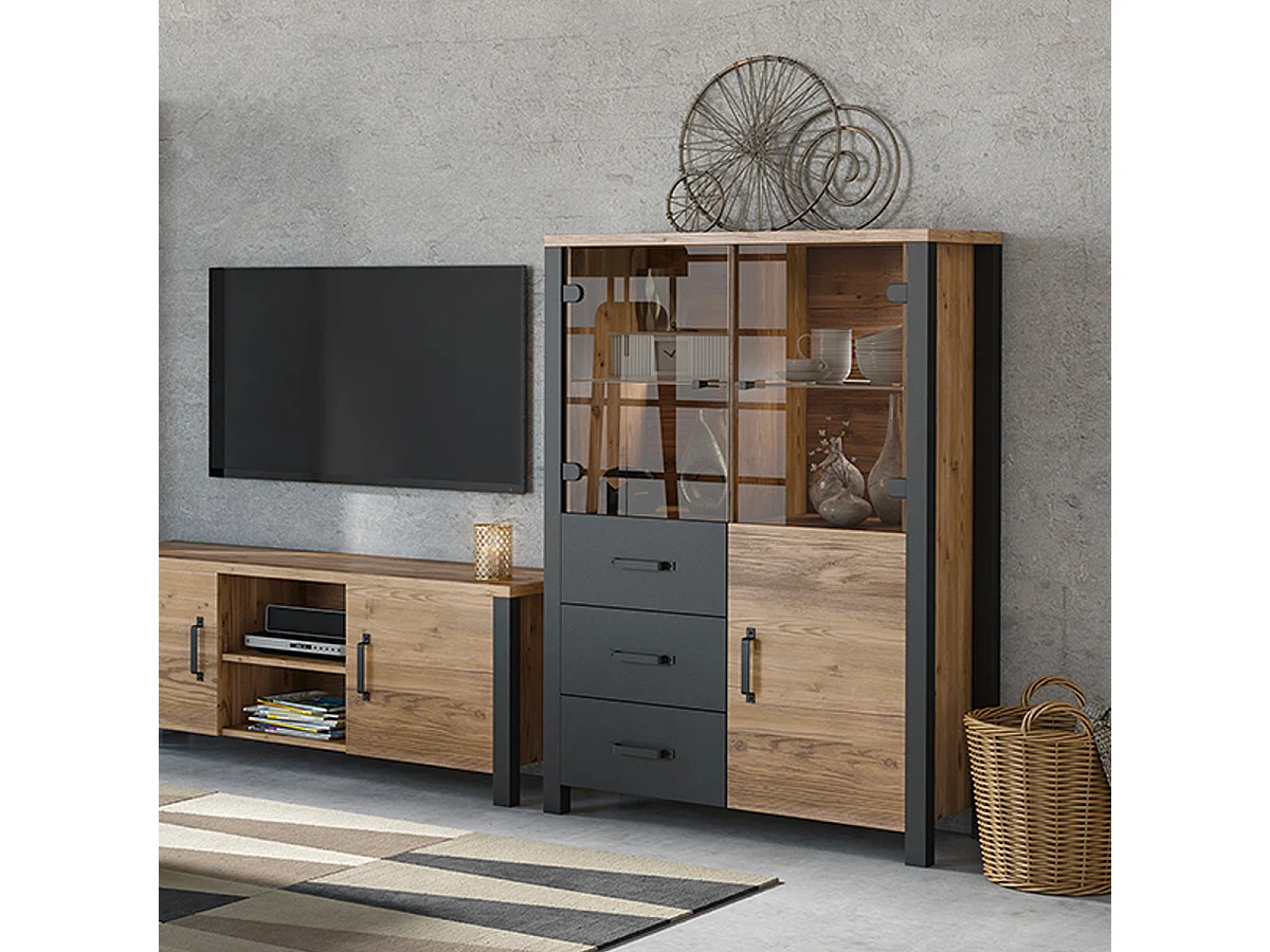Credenza 3 ante 3 cassetti Lyam marrone e nero 146cm