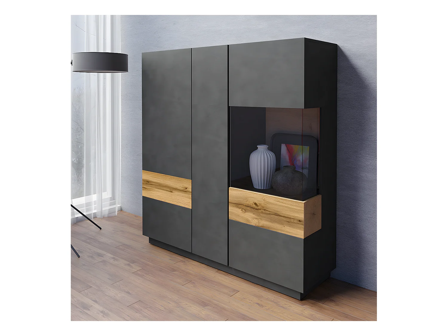 Vaisselier 3 portes Andrea Gris anthracite et Bois