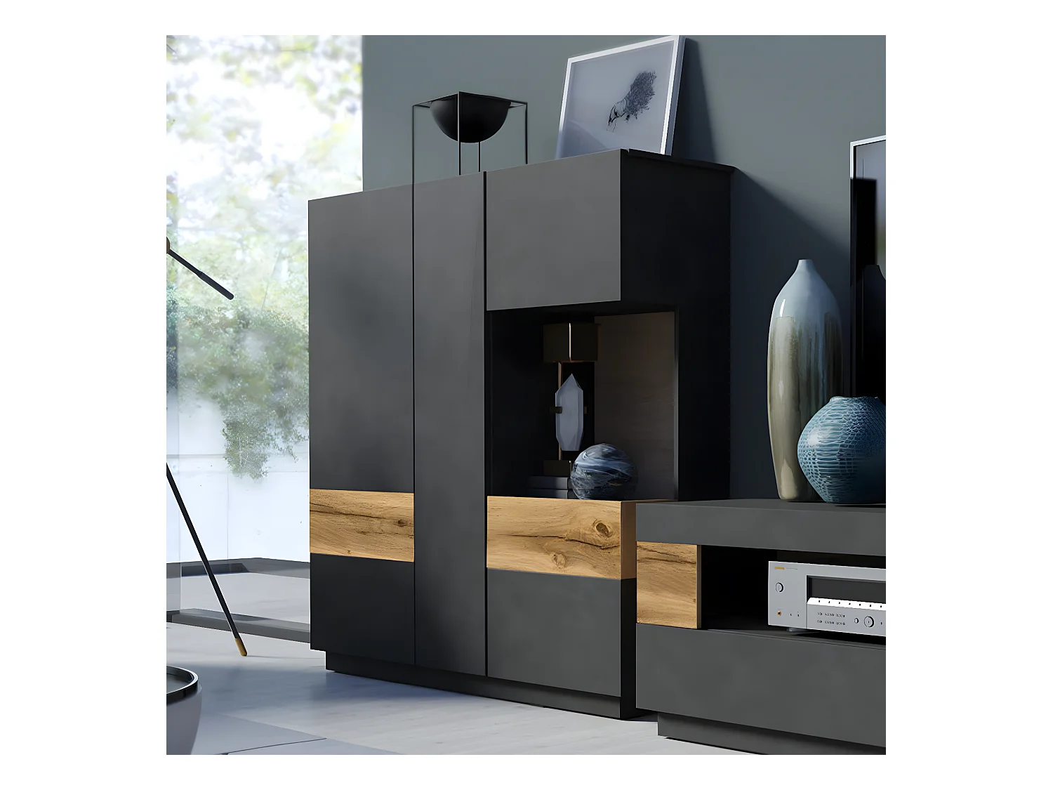 Vaisselier 3 portes Andrea Gris anthracite et Bois