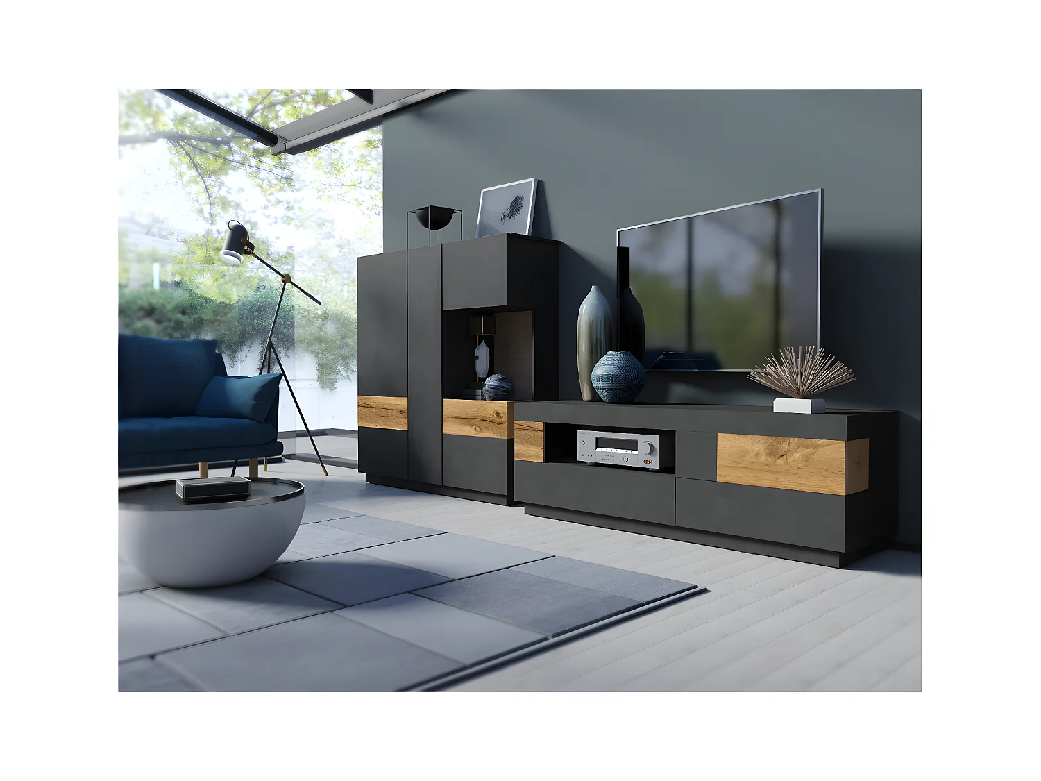 Vaisselier 3 portes Andrea Gris anthracite et Bois