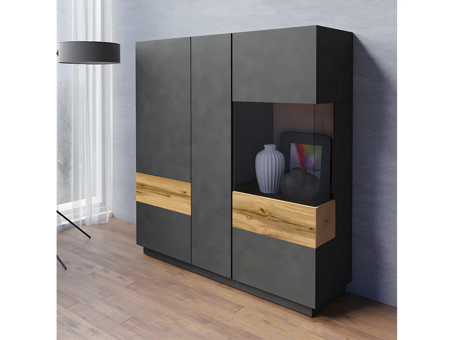 Vaisselier 3 portes Andrea Gris anthracite et Bois