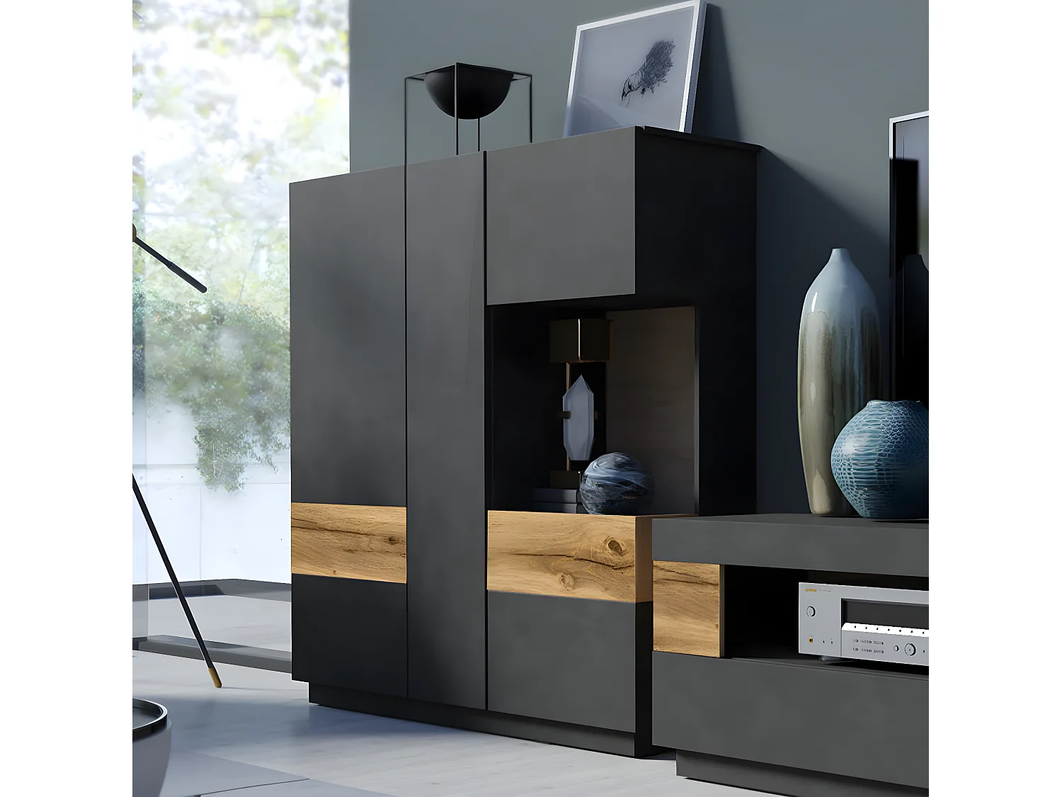 Vaisselier 3 portes Andrea Gris anthracite et Bois