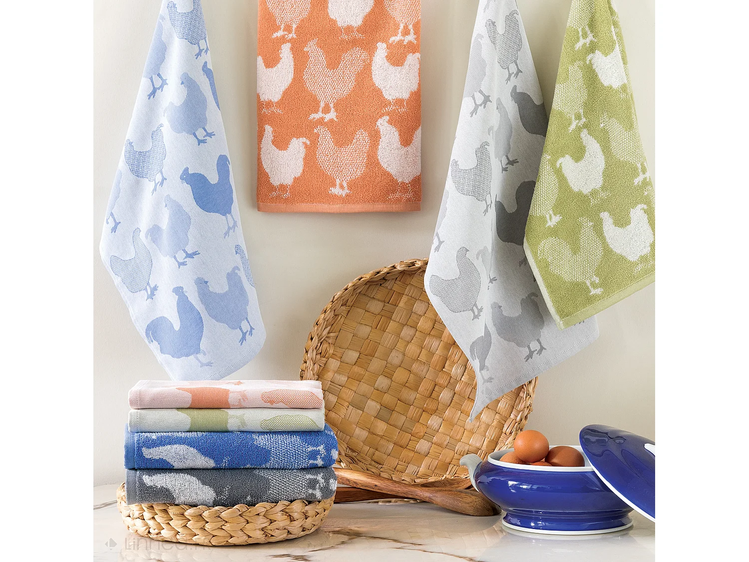 Lot de 2 torchons de cuisine éponge 50x50 cm coton CHICKEN vert