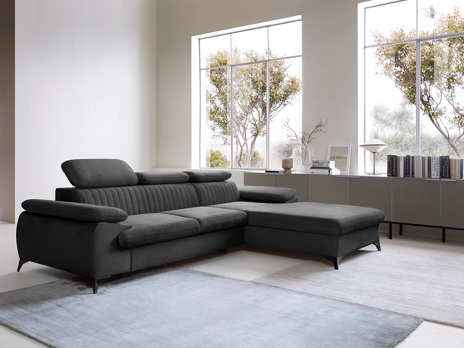 Canapé d'angle droit convertible en velours gris anthracite SAMARA de Pascal Morabito