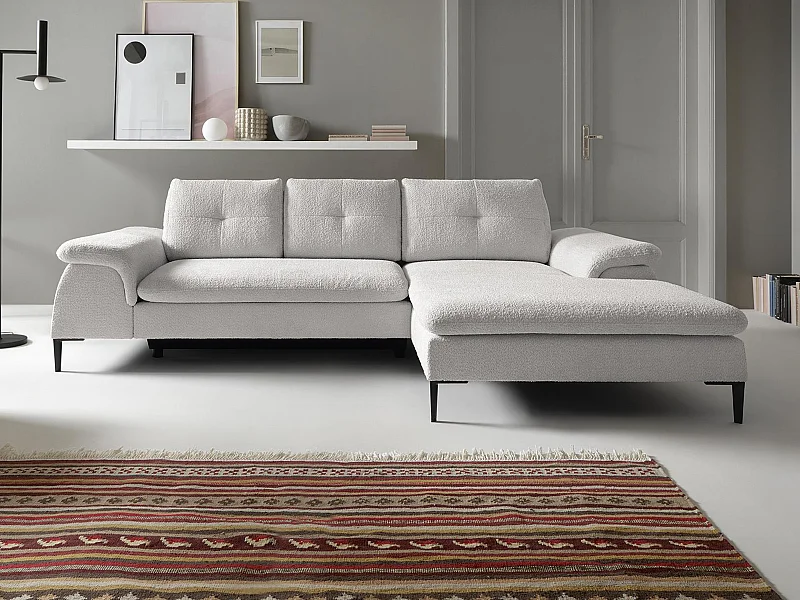 Canapé d'angle droit convertible en tissu bouclette blanc JOLESA