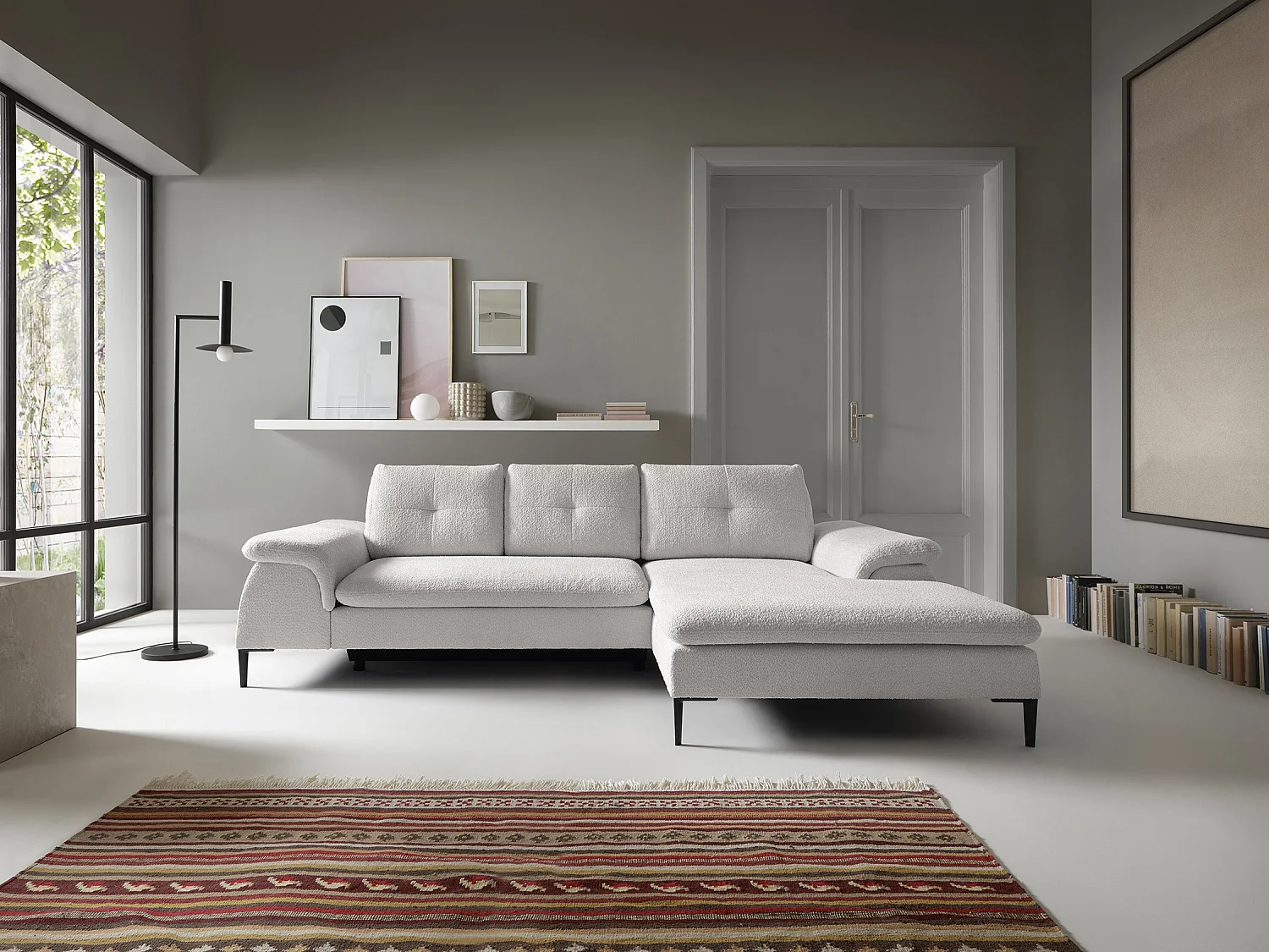 Canapé d'angle droit convertible en tissu bouclette blanc JOLESA