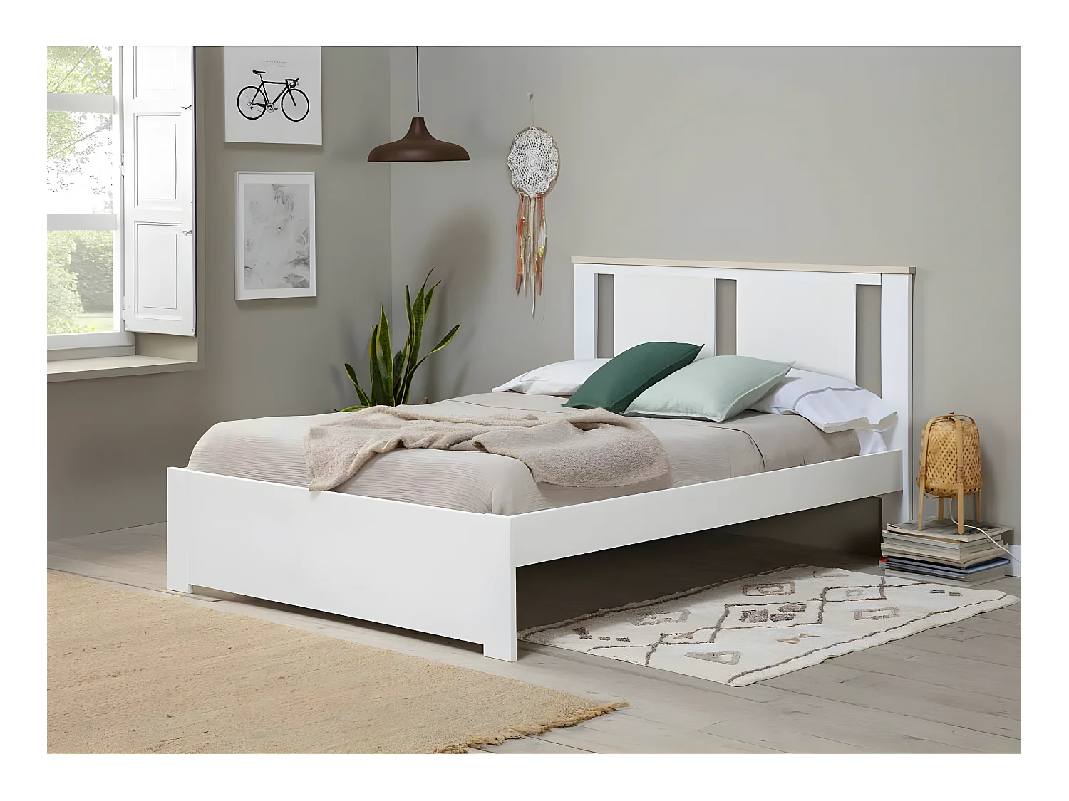 Lit complet 140x190 Blanc/Bois - LAGANA