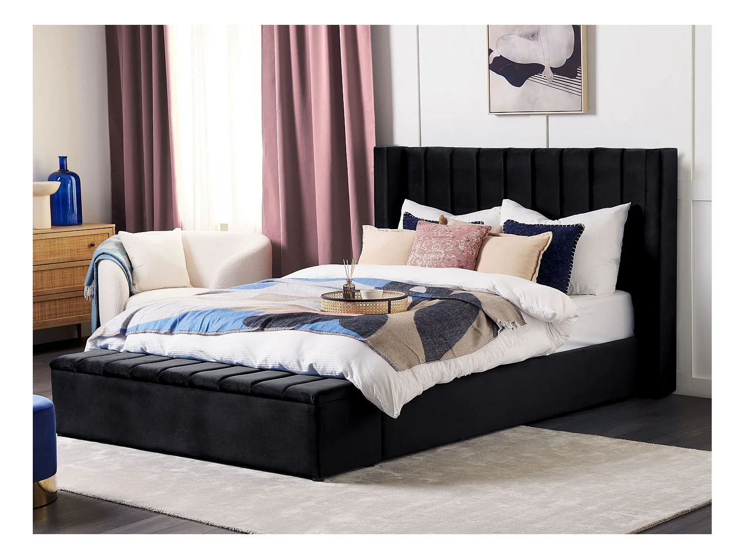Letto con panca contenitore Velluto NOYERS 180 x 200 cm Nero