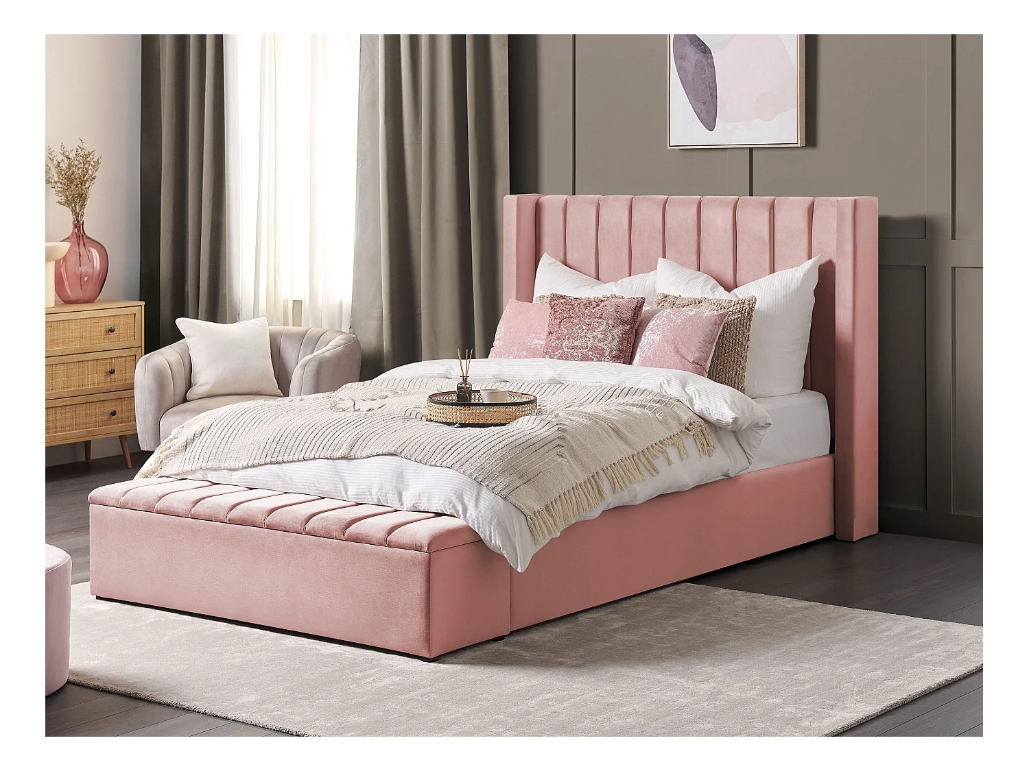 Lit avec banc de rangement Velours NOYERS 140 x 200 cm Rose