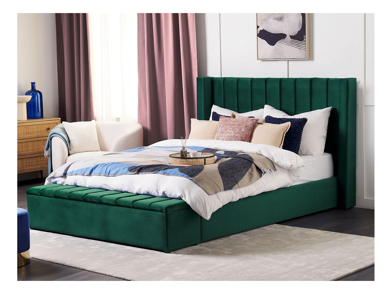 Lit avec banc de rangement Velours NOYERS 180 x 200 cm Vert émeraude
