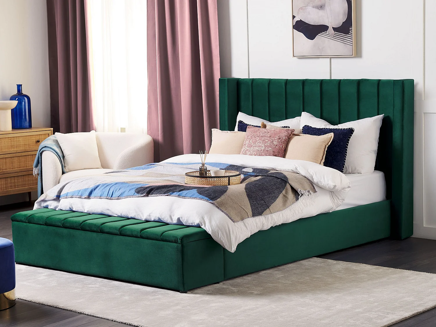 Lit avec banc de rangement Velours NOYERS 180 x 200 cm Vert émeraude