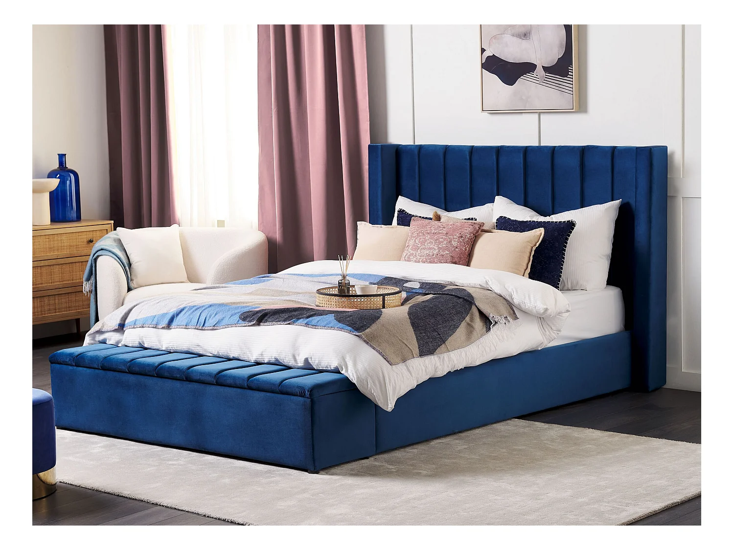 Luxuriöses Bett Samtstoff zusätzlicher Staumraum 180 x 200 cm marine blau Noyers