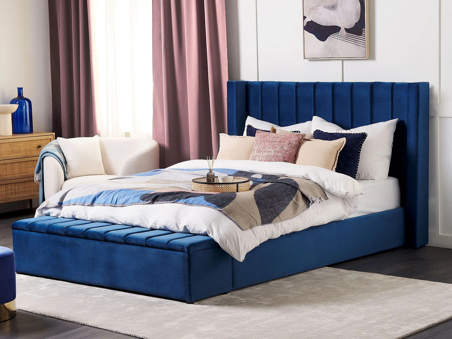 Bed met opbergbankje Fluweel NOYERS 180 x 200 cm Marineblauw