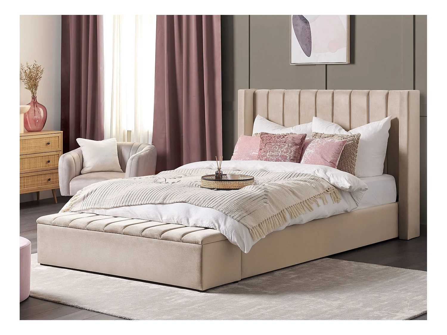 Luxuriöses Bett Samtstoff zusätzlicher Staumraum 180 x 200 cm beige Noyers