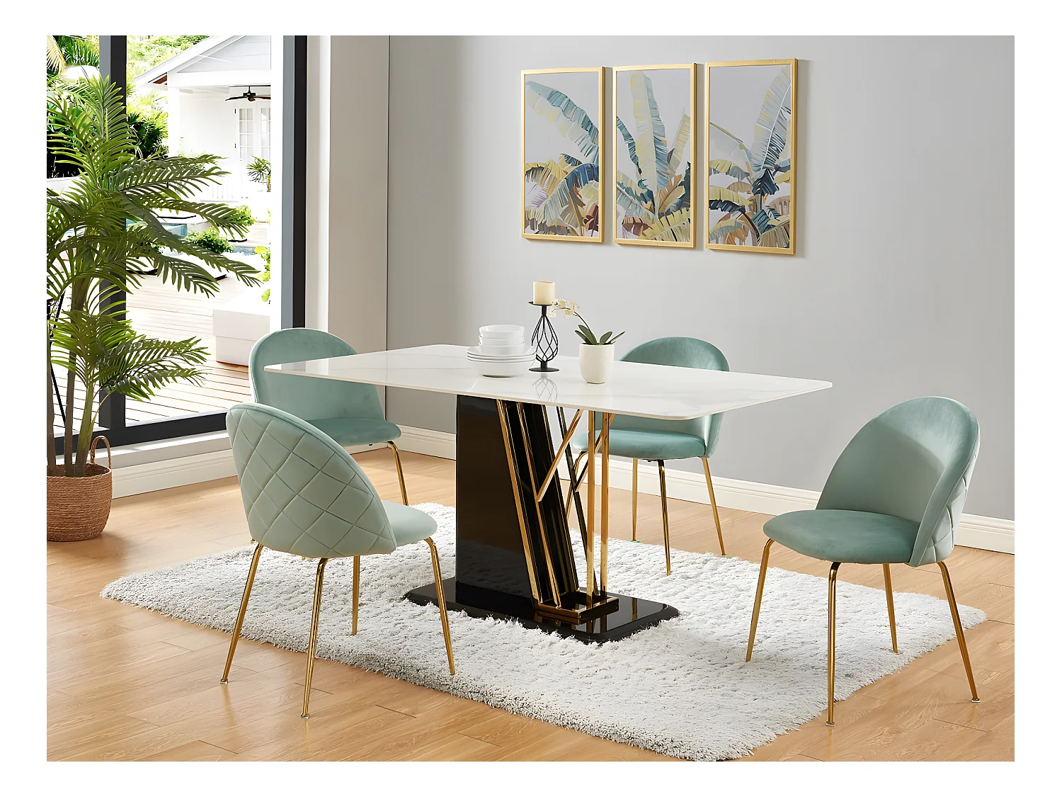 Lot de 6 chaises - Velours et acier inoxydable doré - Vert sauge - MELBOURNE