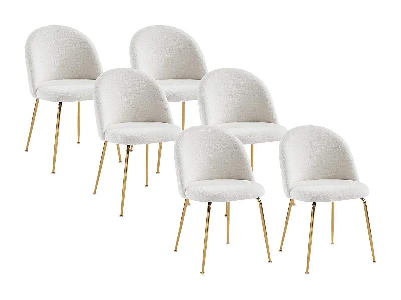 Lot de 6 chaises - Tissu bouclette et acier inoxydable doré - Blanc - MELBOURNE