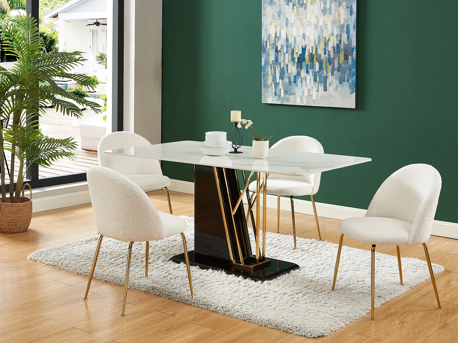 Lot de 6 chaises - Tissu bouclette et acier inoxydable doré - Blanc - MELBOURNE