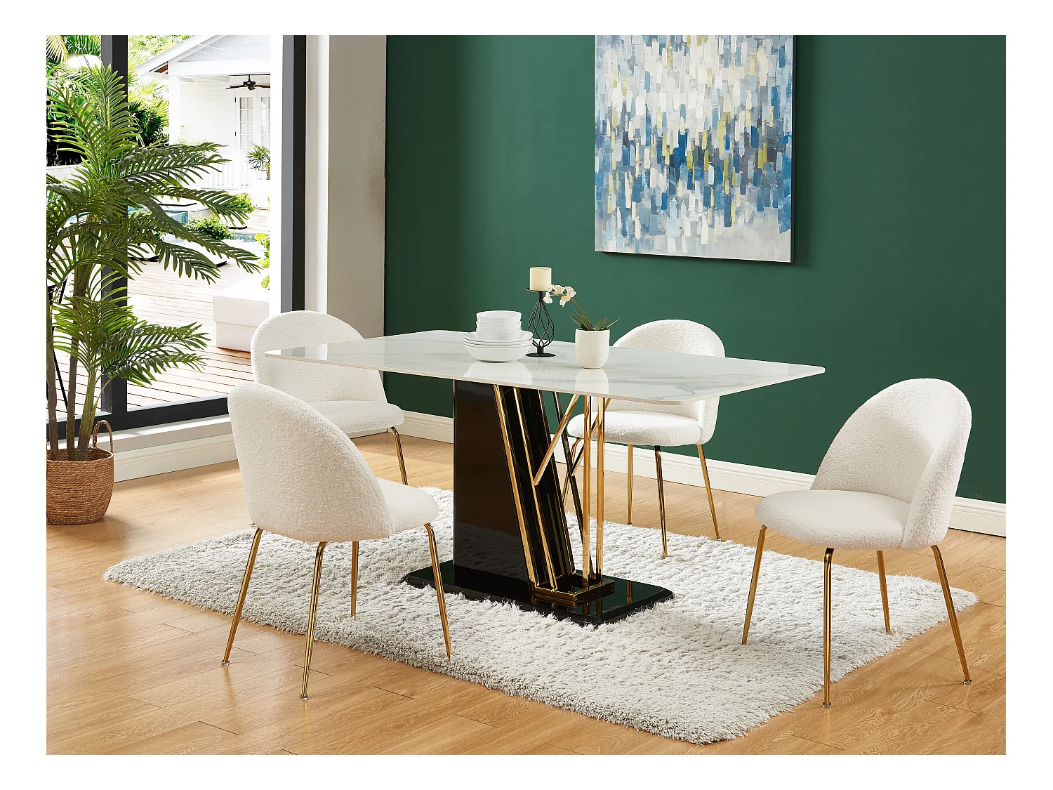 Lot de 6 chaises - Tissu bouclette et acier inoxydable doré - Blanc - MELBOURNE