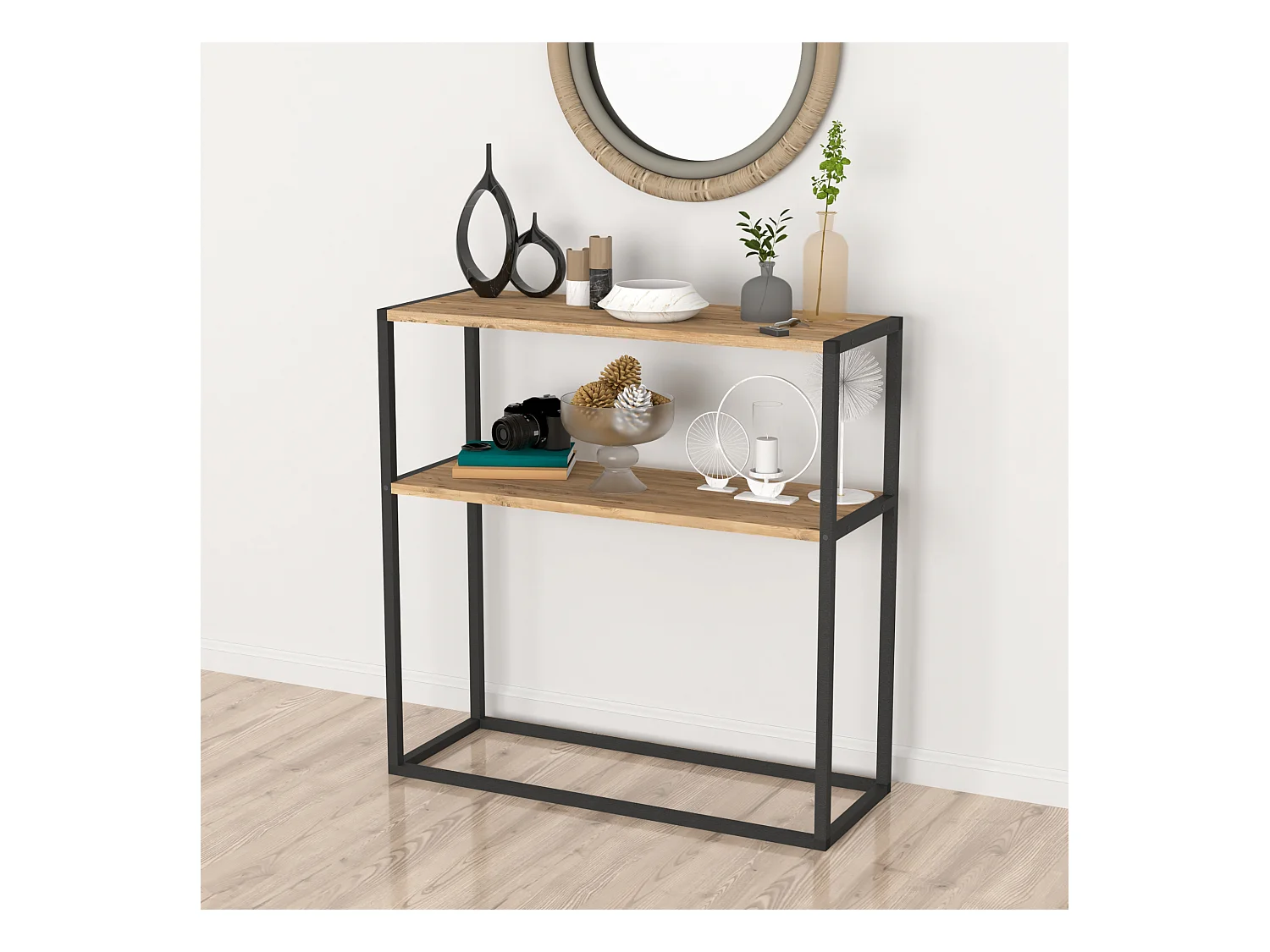 Table console Hemsedal avec surface de stockage 90 x 90 x 33,5 cm effet chêne [en.casa]