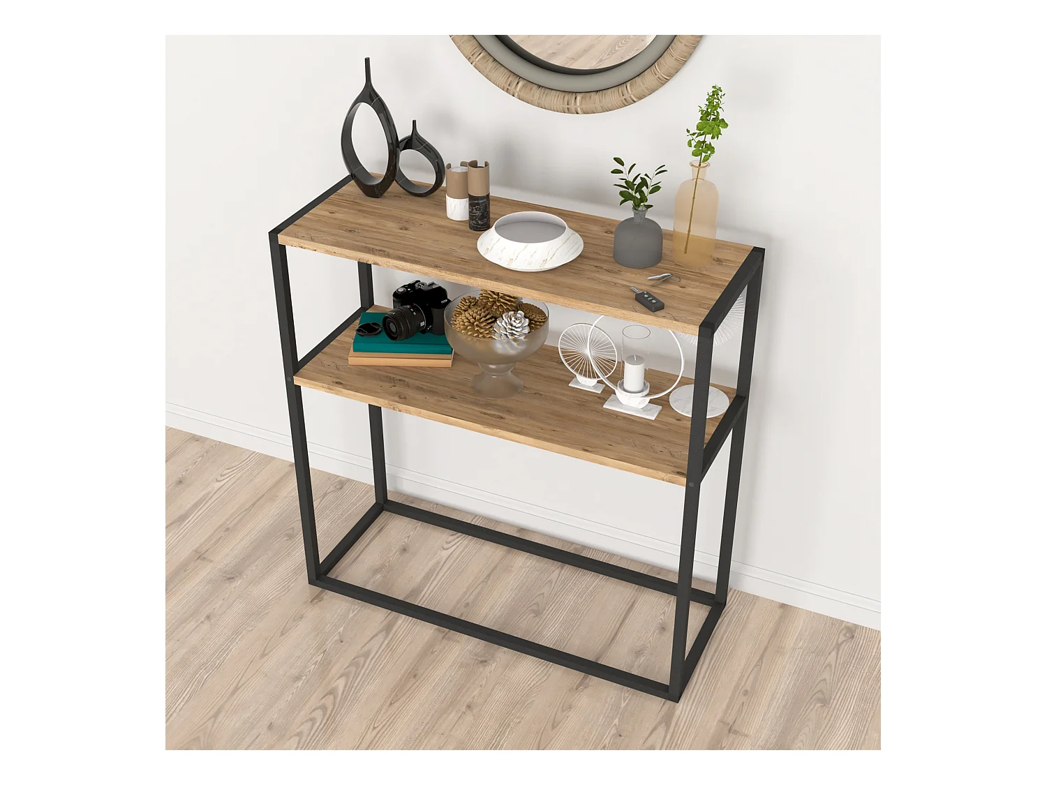 Table console Hemsedal avec surface de stockage 90 x 90 x 33,5 cm effet chêne [en.casa]