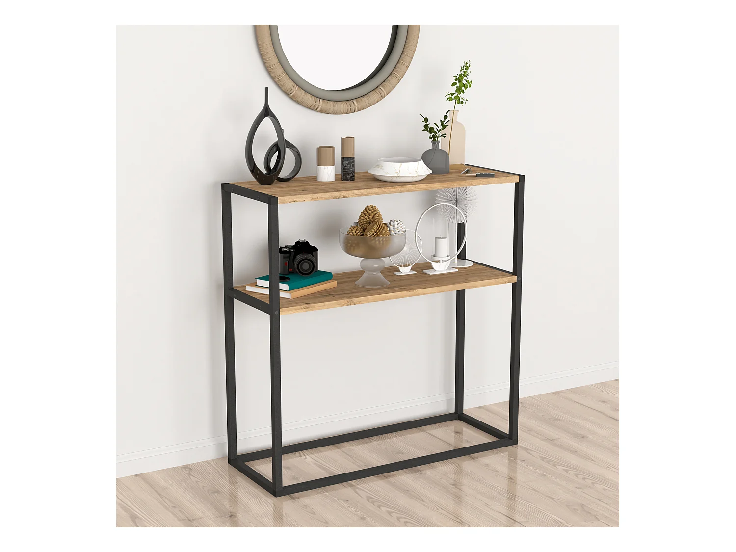 Table console Hemsedal avec surface de stockage 90 x 90 x 33,5 cm effet chêne [en.casa]
