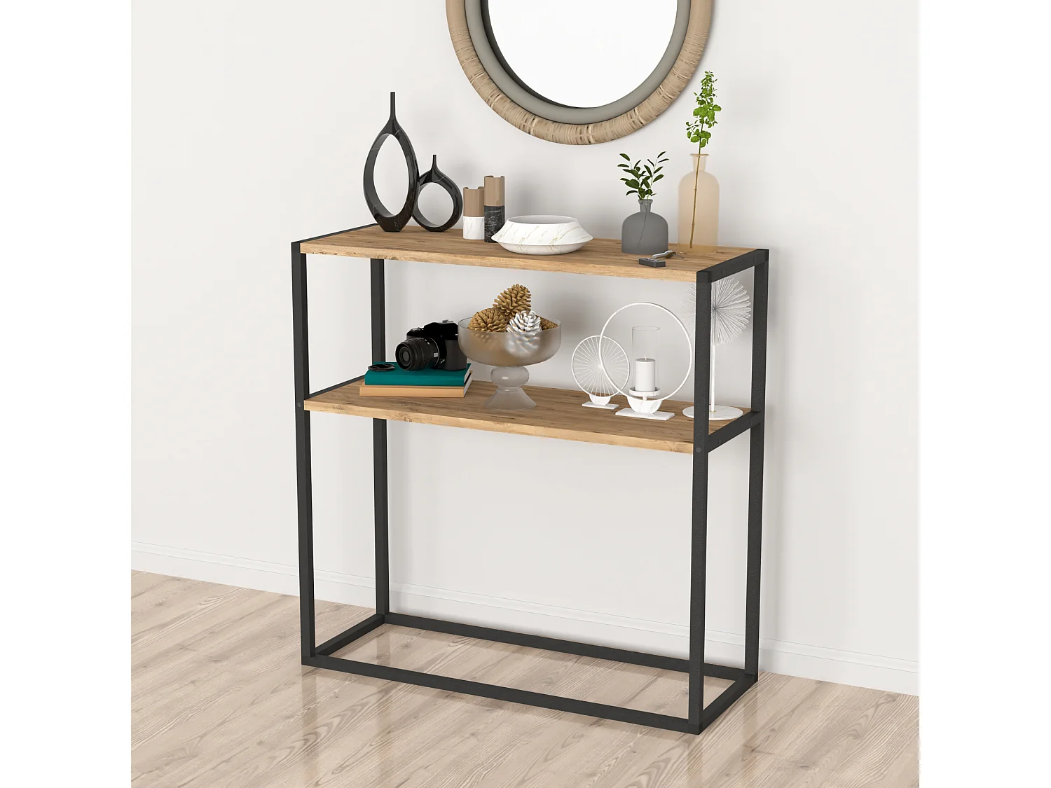 Table console Hemsedal avec surface de stockage 90 x 90 x 33,5 cm effet chêne [en.casa]