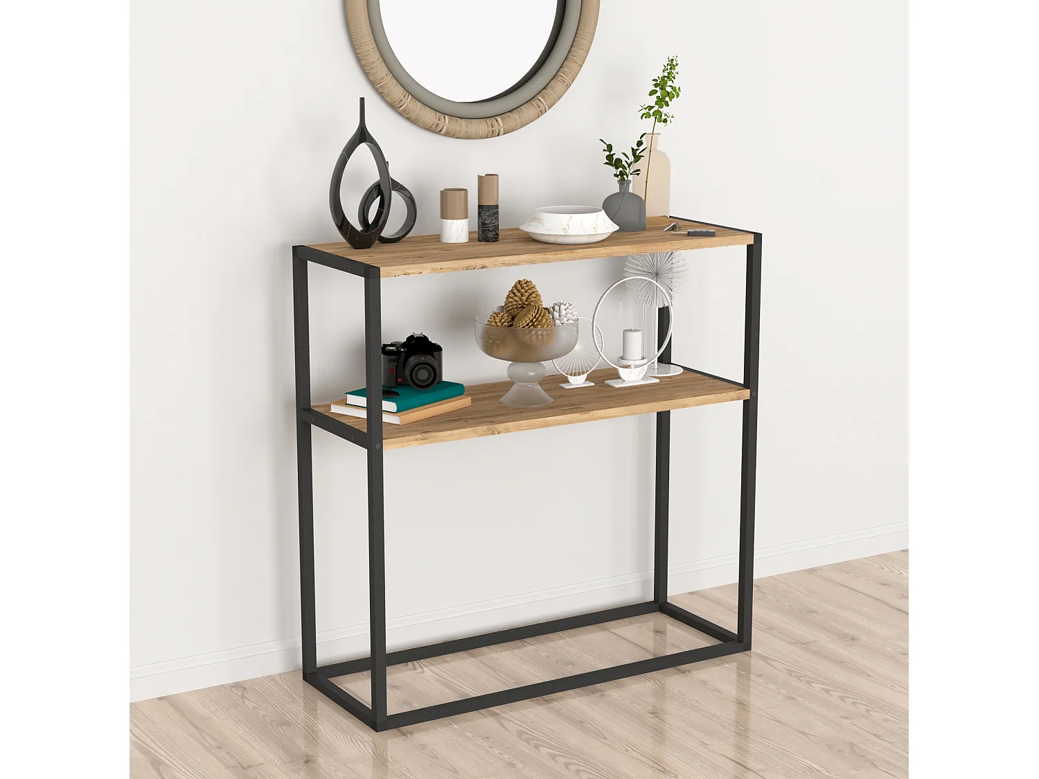 Table console Hemsedal avec surface de stockage 90 x 90 x 33,5 cm effet chêne [en.casa]
