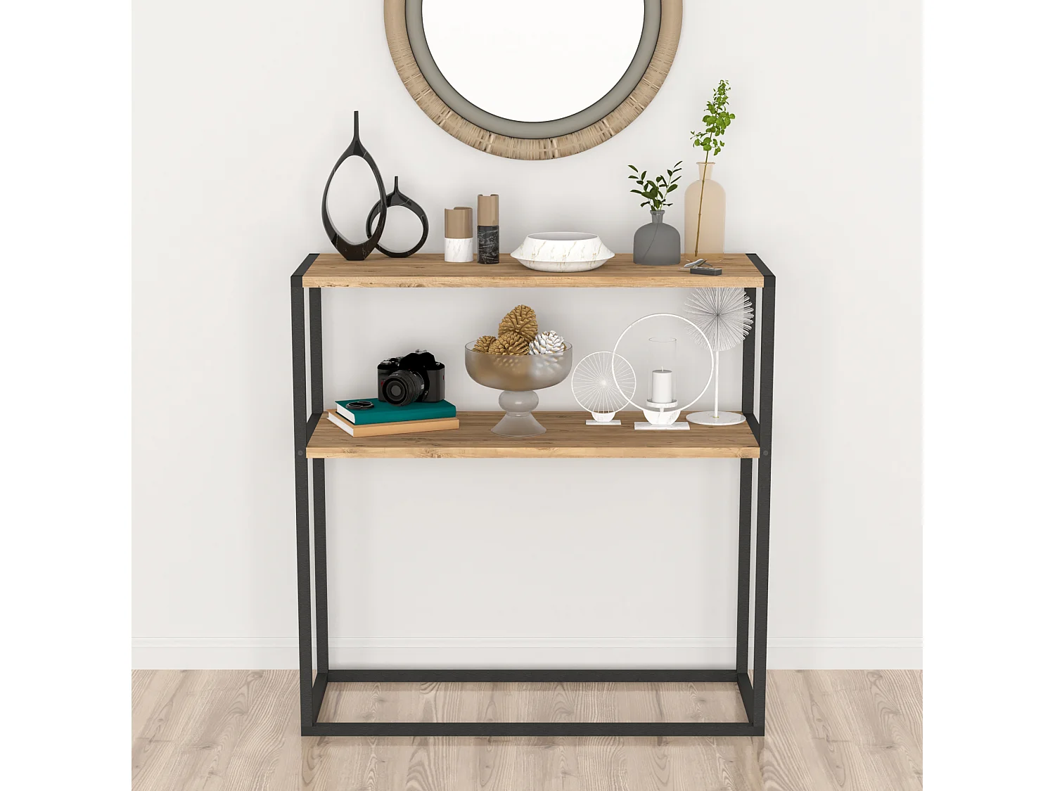 Table console Hemsedal avec surface de stockage 90 x 90 x 33,5 cm effet chêne [en.casa]