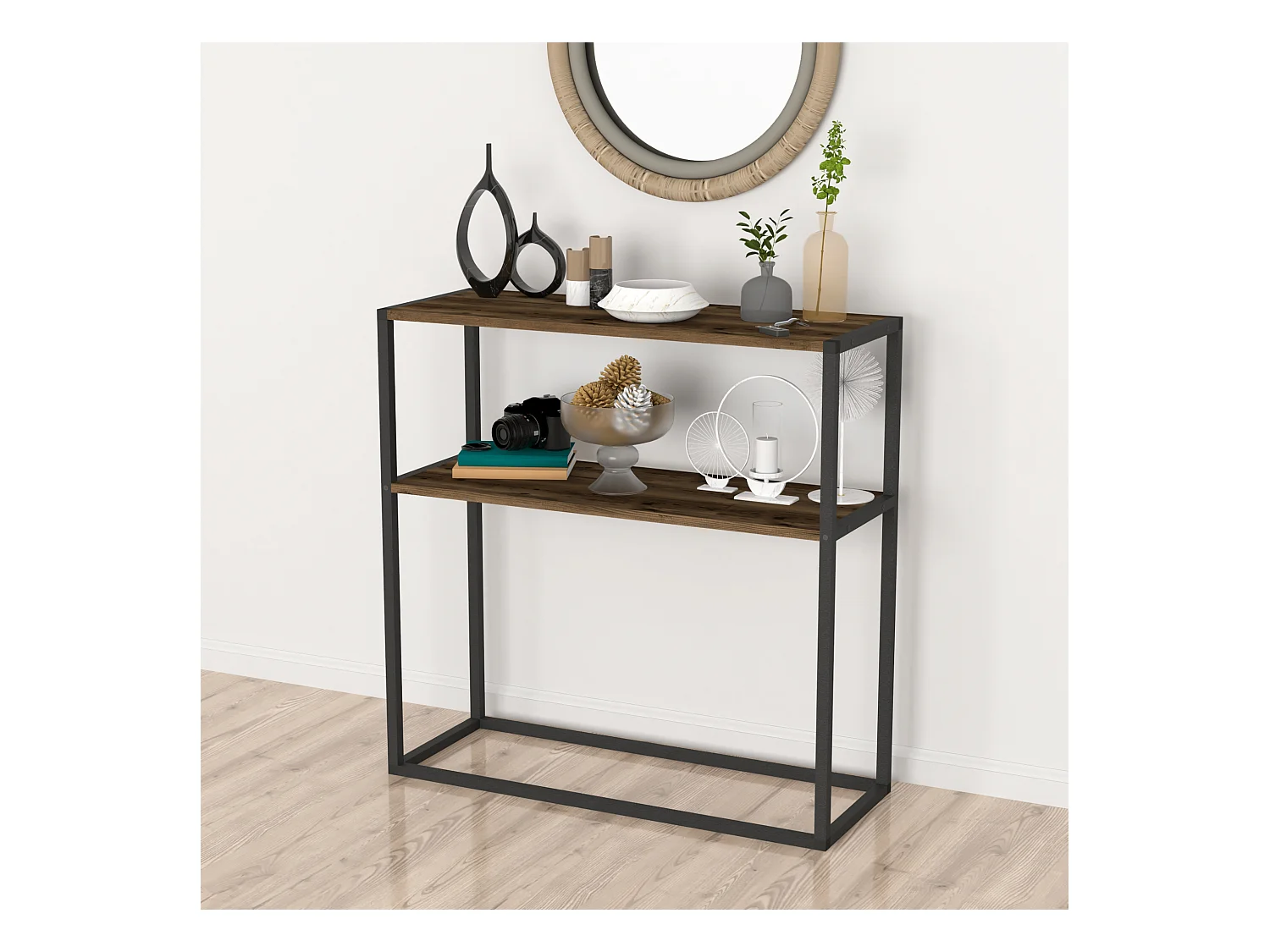 Table console Hemsedal avec surface de stockage 90 x 90 x 33,5 cm effet chêne patiné [en.casa]