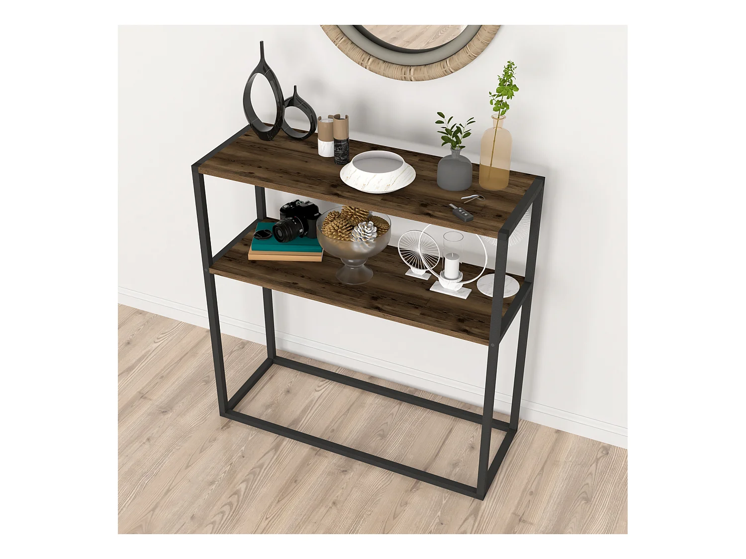 Table console Hemsedal avec surface de stockage 90 x 90 x 33,5 cm effet chêne patiné [en.casa]