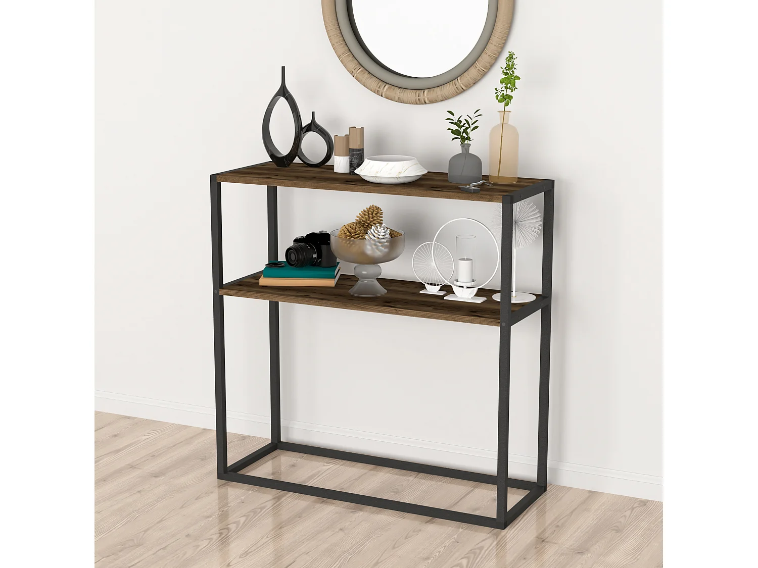 Table console Hemsedal avec surface de stockage 90 x 90 x 33,5 cm effet chêne patiné [en.casa]