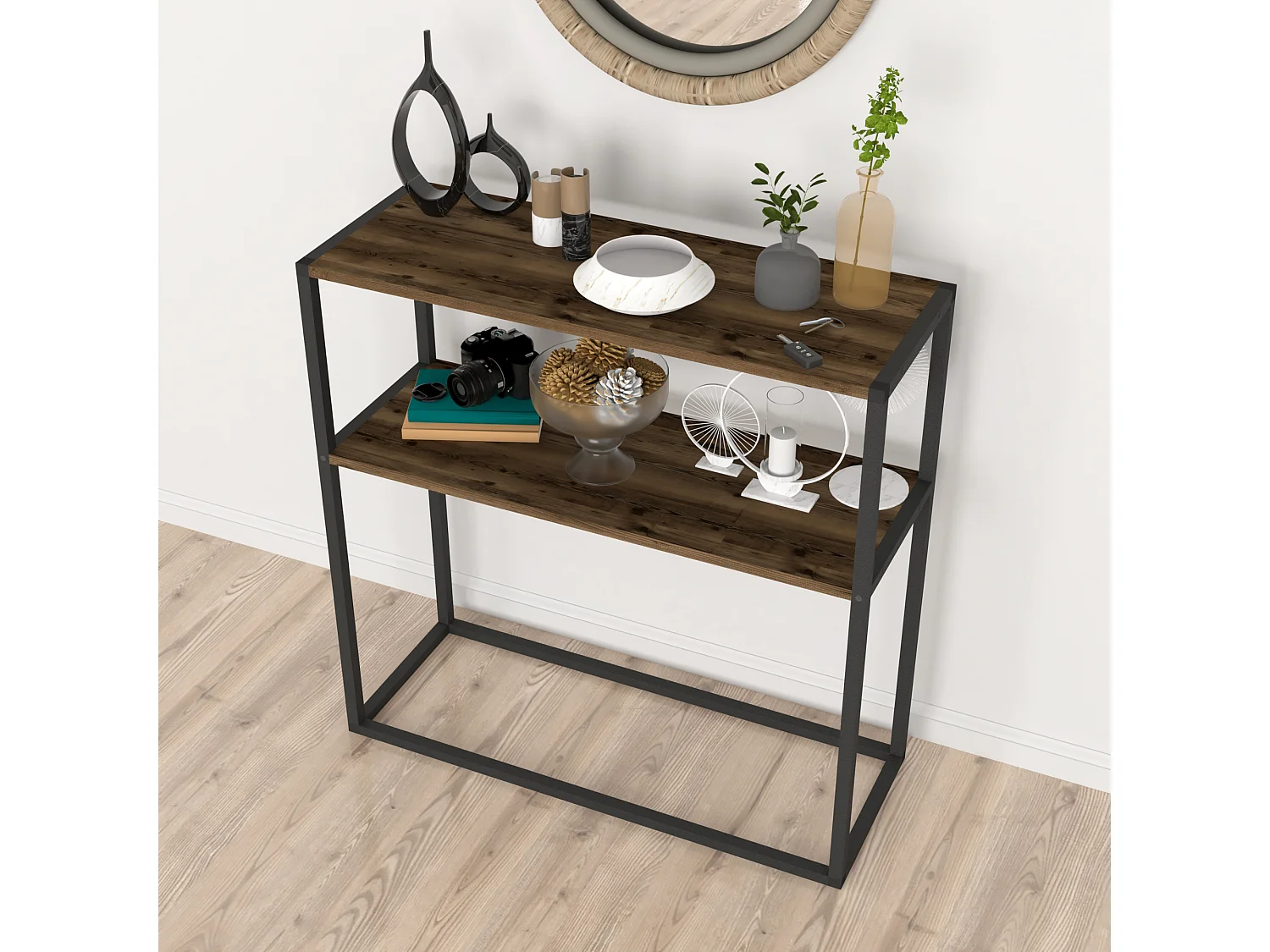 Table console Hemsedal avec surface de stockage 90 x 90 x 33,5 cm effet chêne patiné [en.casa]