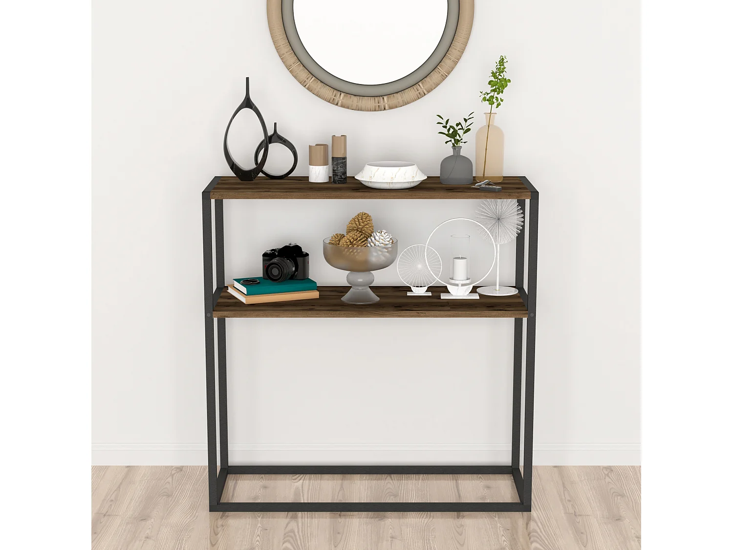 Table console Hemsedal avec surface de stockage 90 x 90 x 33,5 cm effet chêne patiné [en.casa]