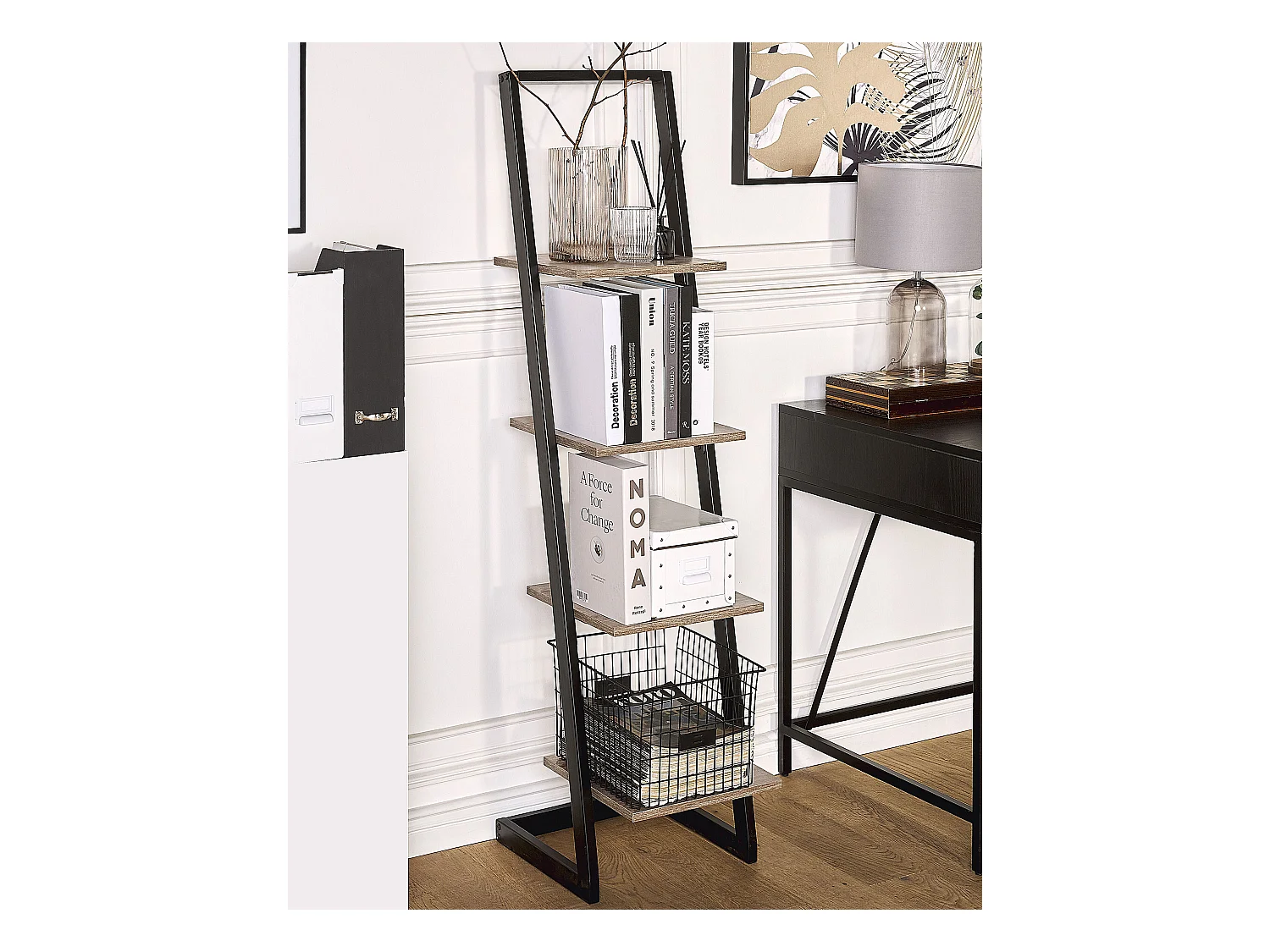 Bücherregal schwarz / heller Holzfarbton MDF-Platte /Metall 4 Fächer Joplin