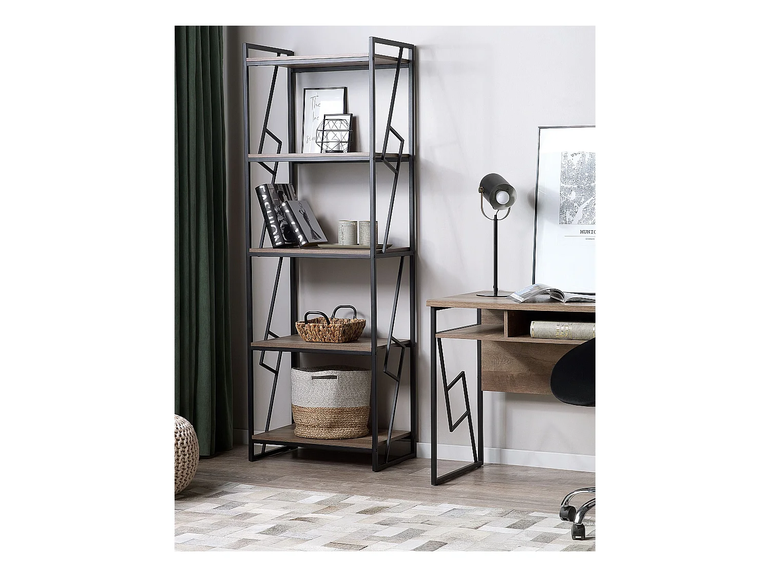 Hohes Standregal Holzoptik dunkelbraun Metallgestell schwarz 5 Fächer Forres