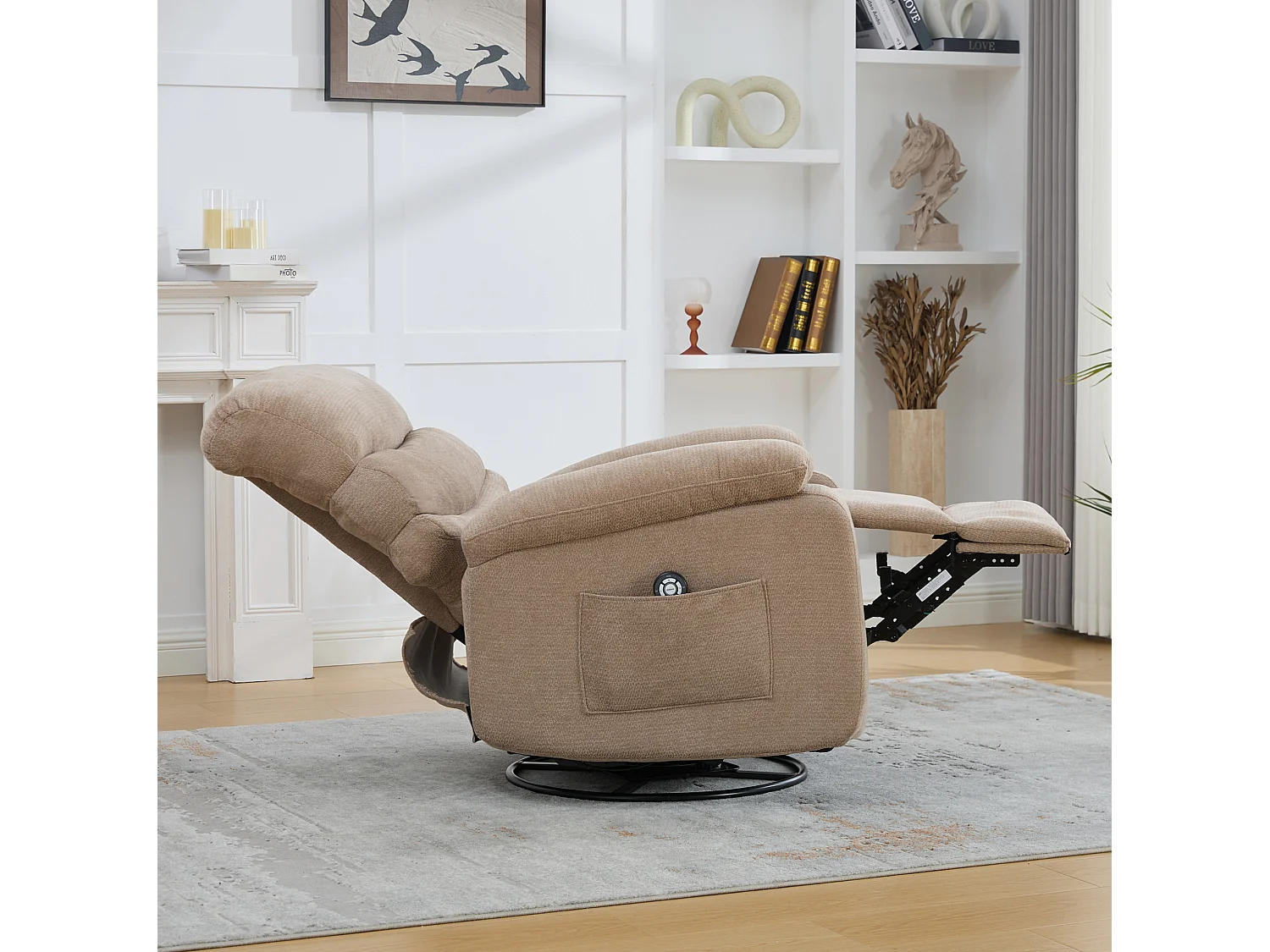 360° draaibare fauteuil in taupekleurige chenille - Met massagefunctie, verwarming en voetensteun