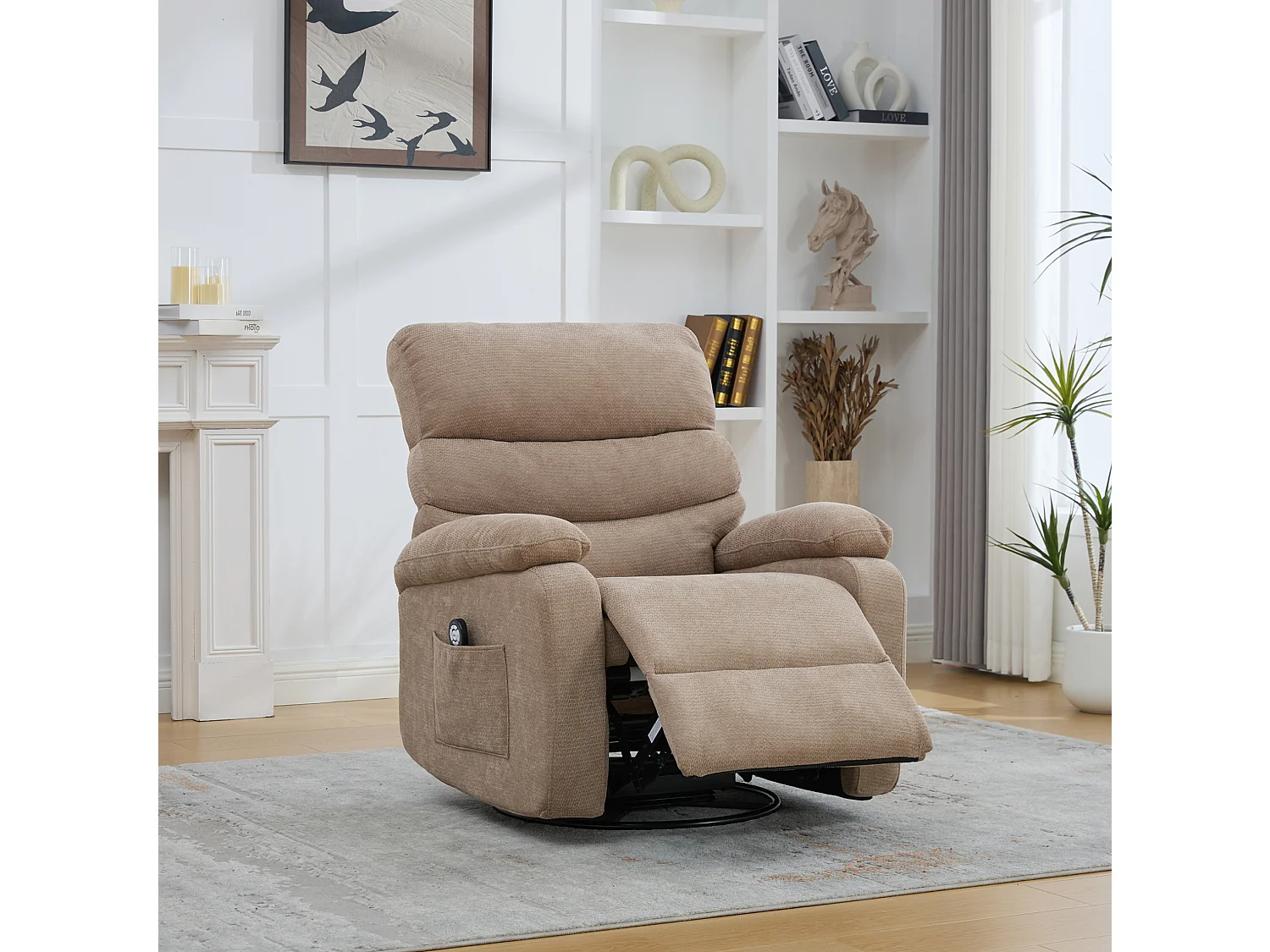 360° draaibare fauteuil in taupekleurige chenille - Met massagefunctie, verwarming en voetensteun