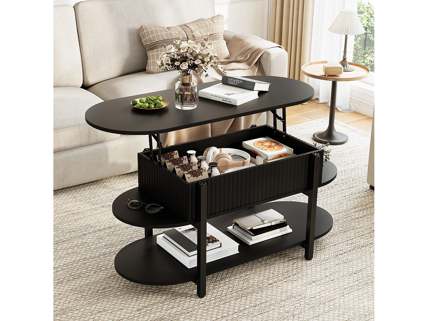 Table basse relevable avec rangement, 2 étagères, plateau arrondi,  noir, 106 x 45 x 50cm