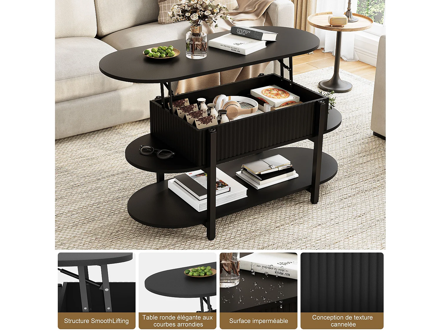 Table basse relevable avec rangement, 2 étagères, plateau arrondi,  noir, 106 x 45 x 50cm
