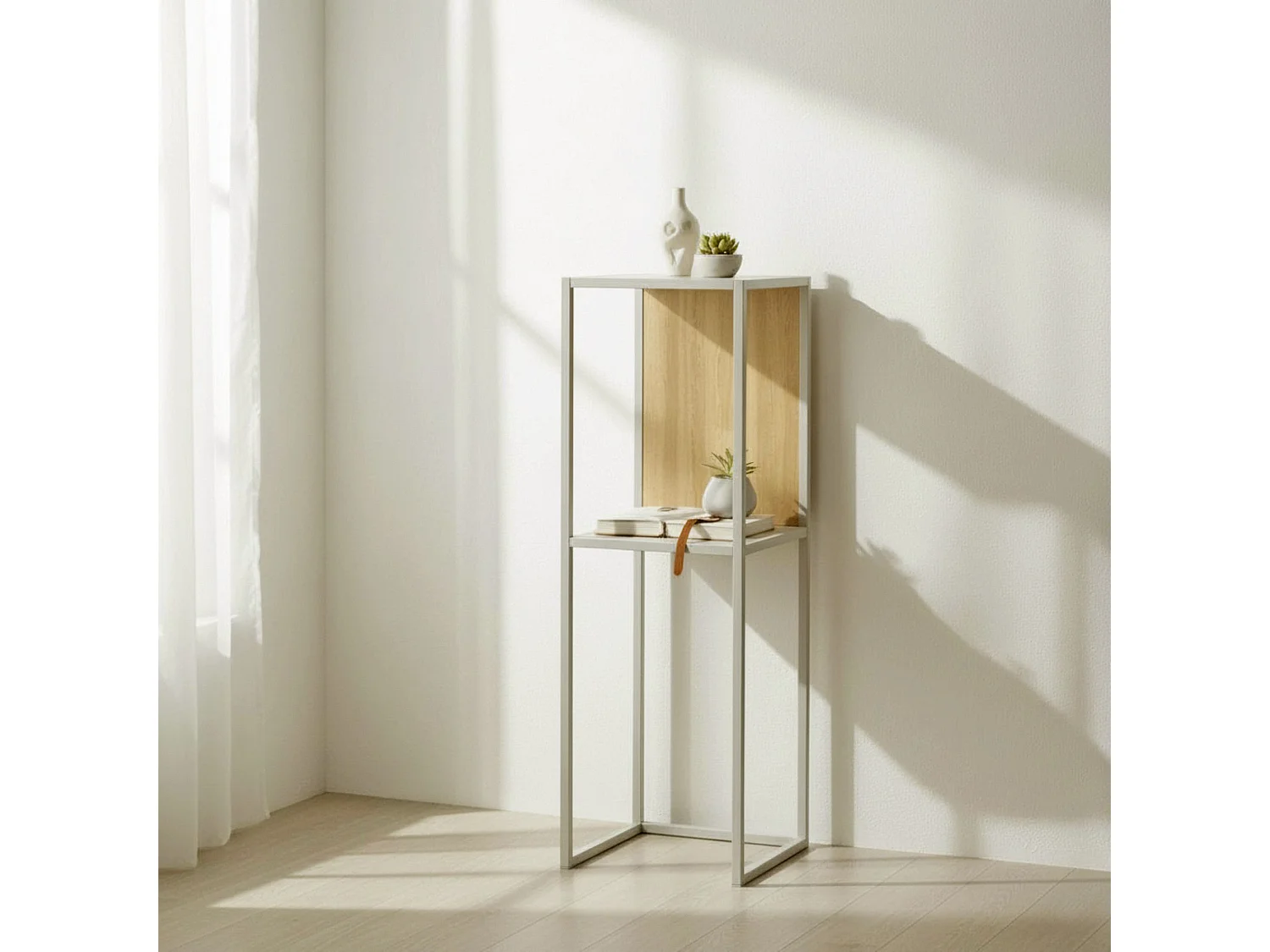 Etagère meuble de rangement console de 2 niveaux coloris cachemire et chêne naturel - Longueur 25 x Hauteur 75 x Profondeur 25 cm