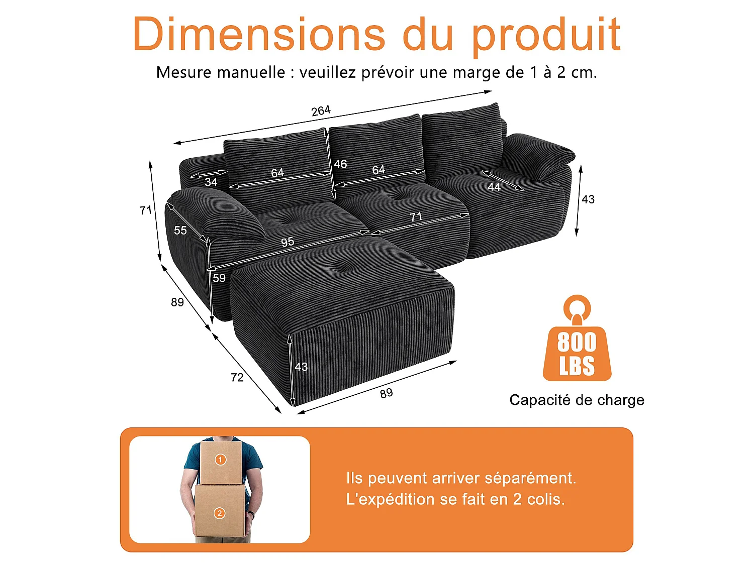 Canapé d’angle modulable en L en velours côtelé, convertible avec méridienne, sans montage, gris foncé