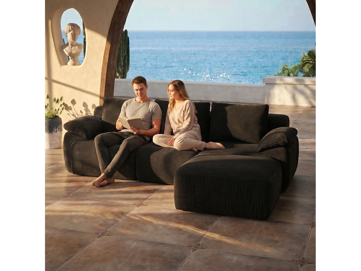 Canapé d’angle modulable en L en velours côtelé, convertible avec méridienne, sans montage, gris foncé