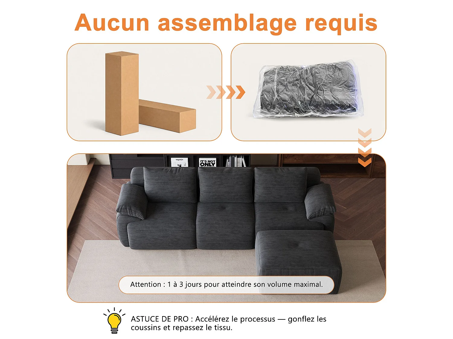 Canapé d’angle modulable en L en velours côtelé, convertible avec méridienne, sans montage, gris foncé