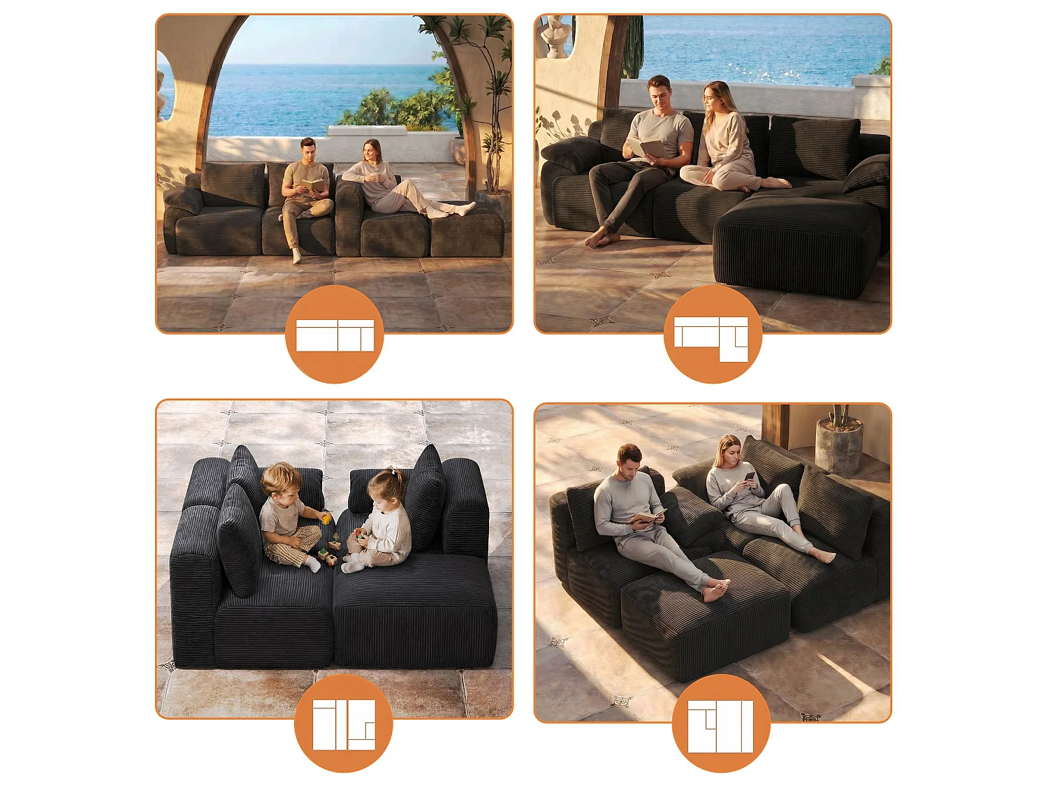 Canapé d’angle modulable en L en velours côtelé, convertible avec méridienne, sans montage, gris foncé