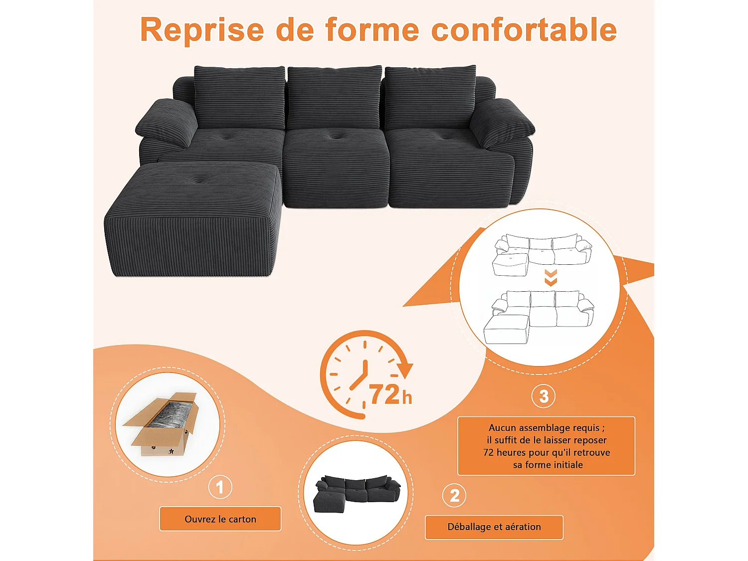 Canapé d’angle modulable en L en velours côtelé, convertible avec méridienne, sans montage, gris foncé