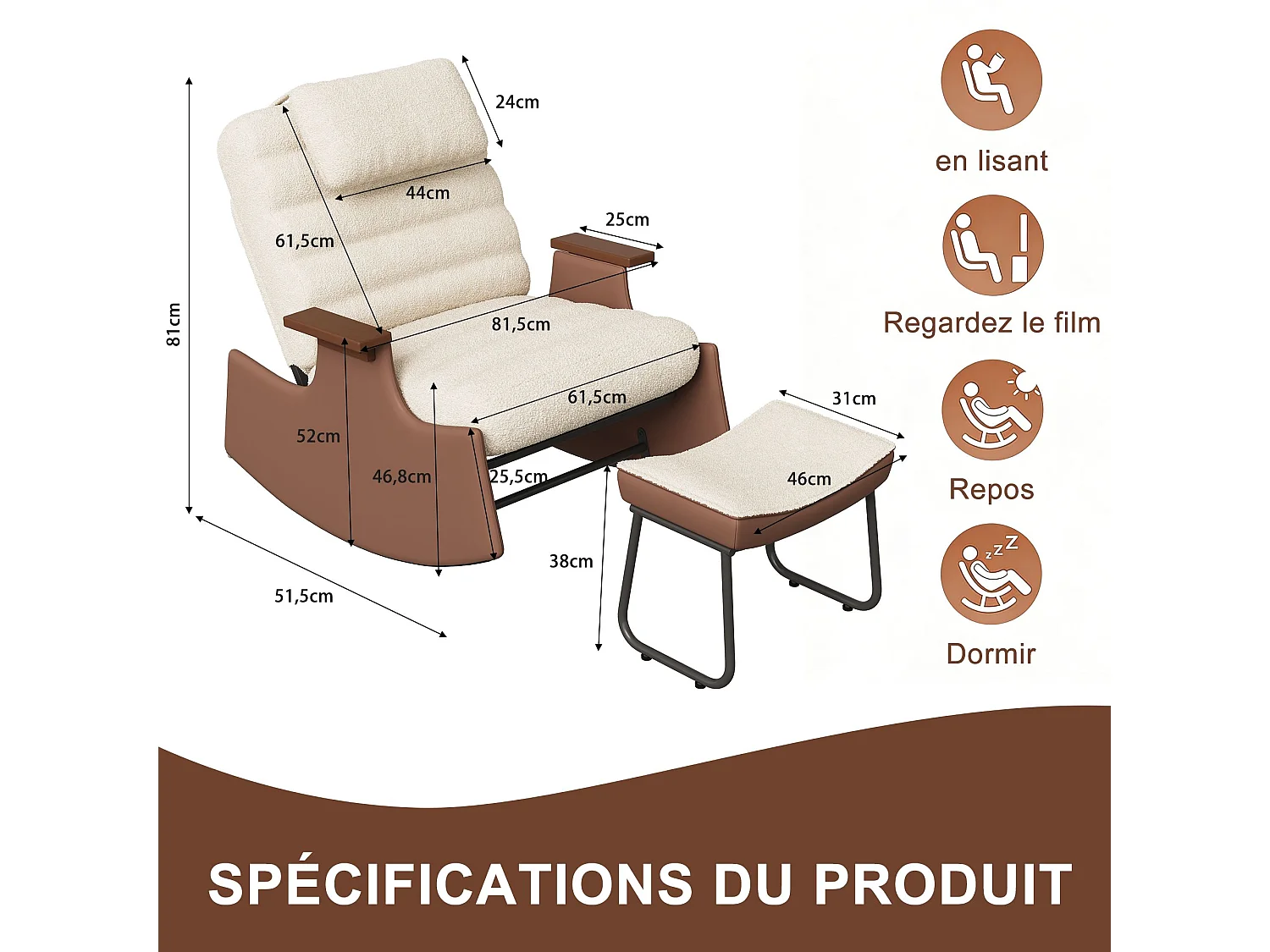 Fauteuil à bascule avec repose-pieds, dossier réglable 3 positions, appui-tête, beige, pour salon et lecture