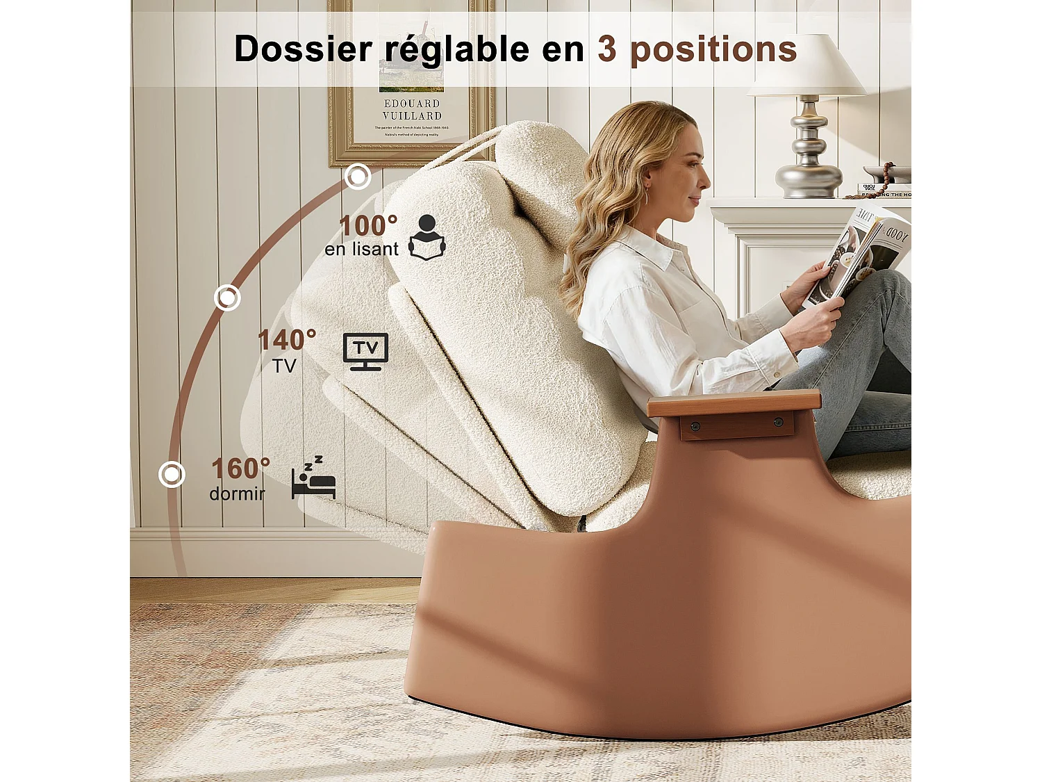 Fauteuil à bascule avec repose-pieds, dossier réglable 3 positions, appui-tête, beige, pour salon et lecture
