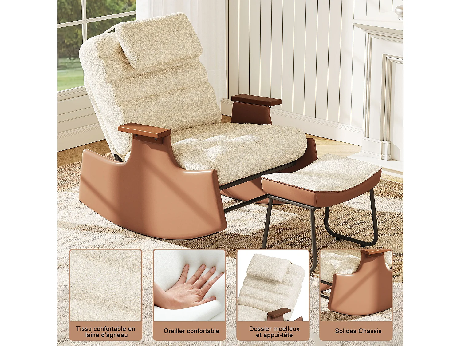 Fauteuil à bascule avec repose-pieds, dossier réglable 3 positions, appui-tête, beige, pour salon et lecture