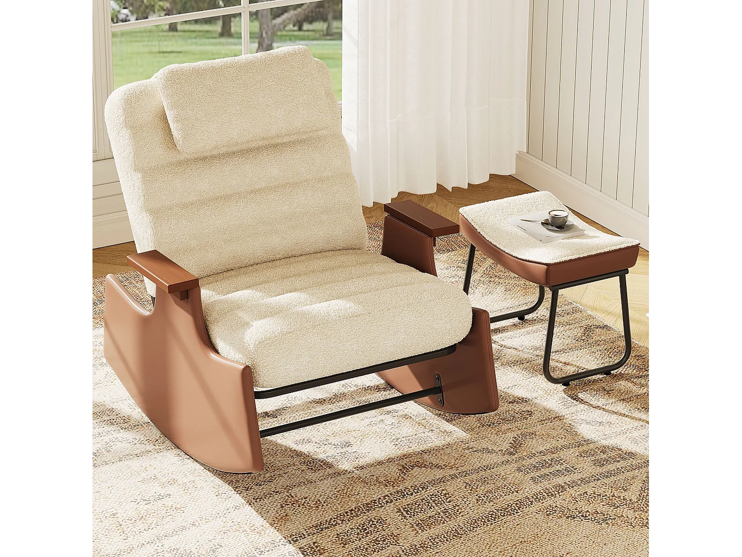 Fauteuil à bascule avec repose-pieds, dossier réglable 3 positions, appui-tête, beige, pour salon et lecture