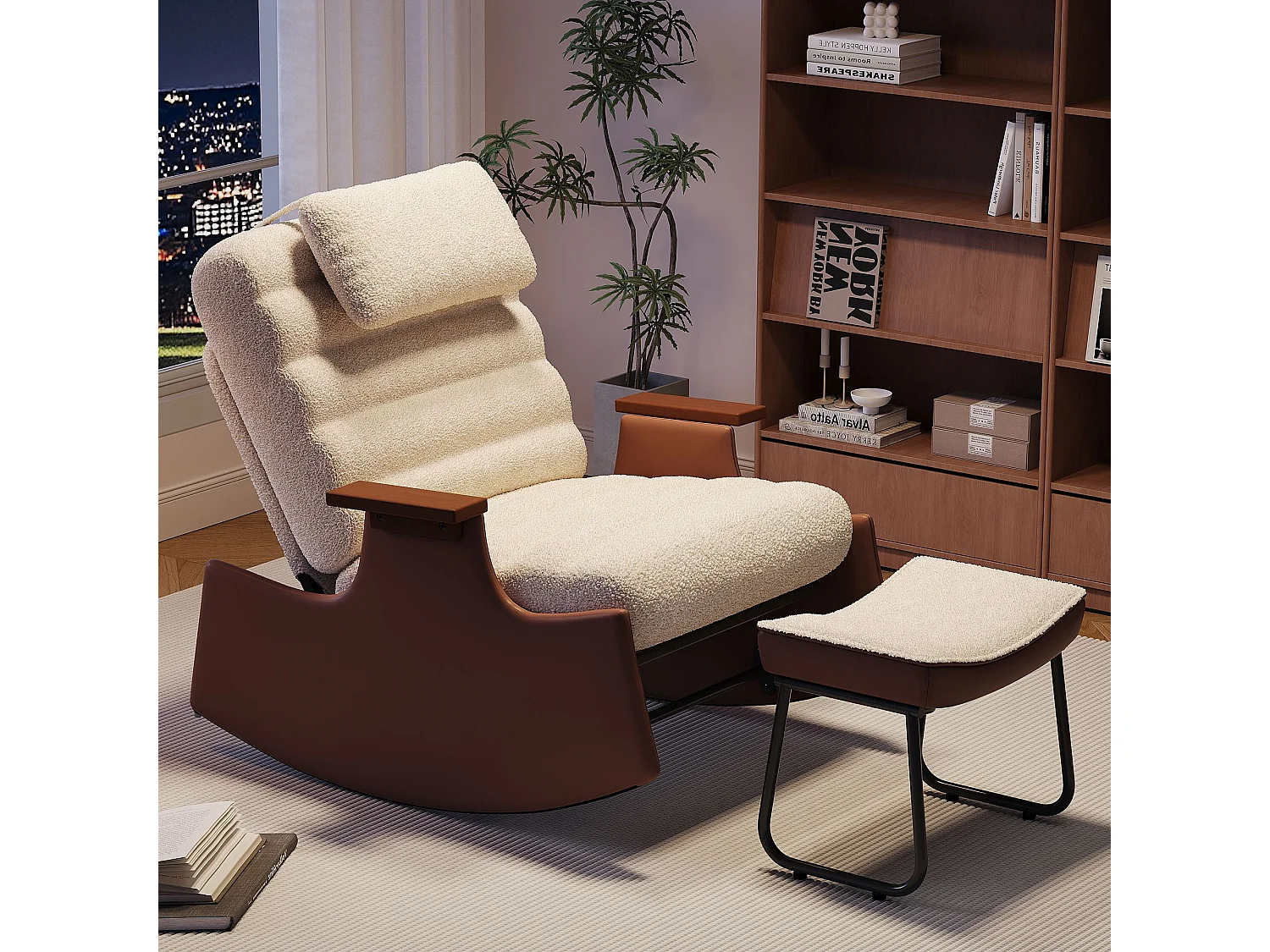 Fauteuil à bascule avec repose-pieds, dossier réglable 3 positions, appui-tête, beige, pour salon et lecture